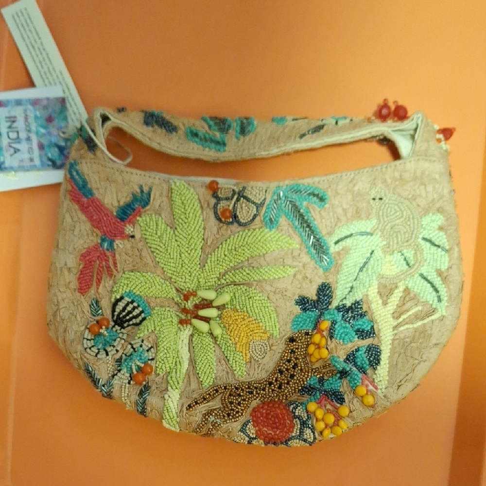 Tan Crescent Shoulder Bag with Nature-Inspired Embroidery